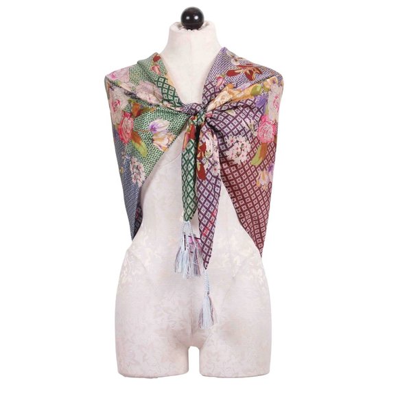 Johnny Was Cathron Scarf Silk Square Large Floral Tassels Pink Scarves Brown New - Picture 4 of 5